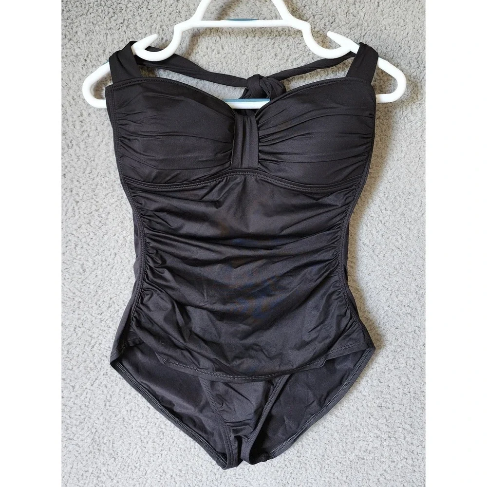 Tommy Bahama One Piece Swimsuit Womens 12 Black Ruched Halter Tummy Control
